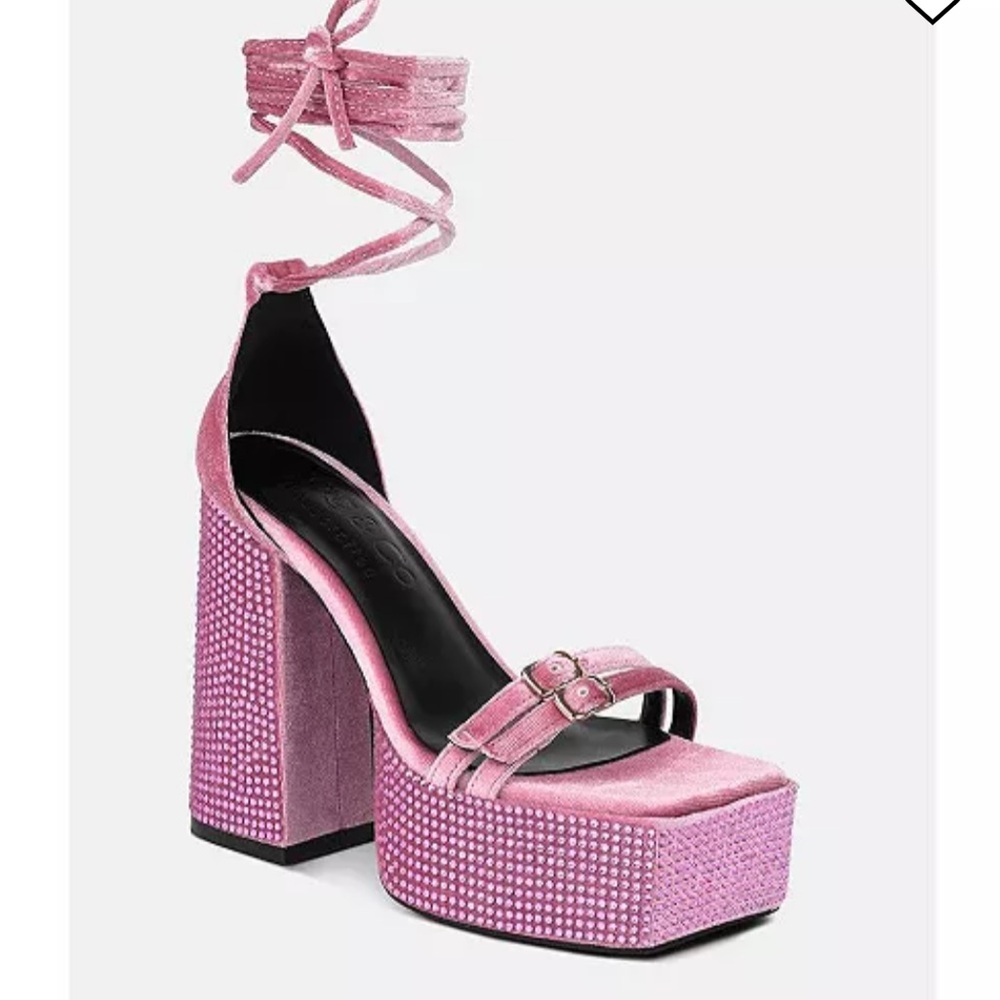 Y2K platform heels velvet rhinestone fairy ballet ankle wrap sandals 90’s shoes